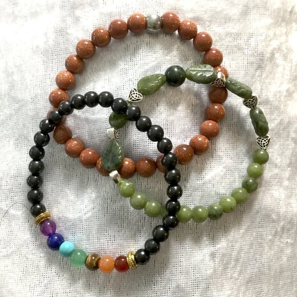 New 3pc Natural Stone Stretch Bracelet Set - Mixed Gemstone Beads Boho Stackable - Picture 3 of 10